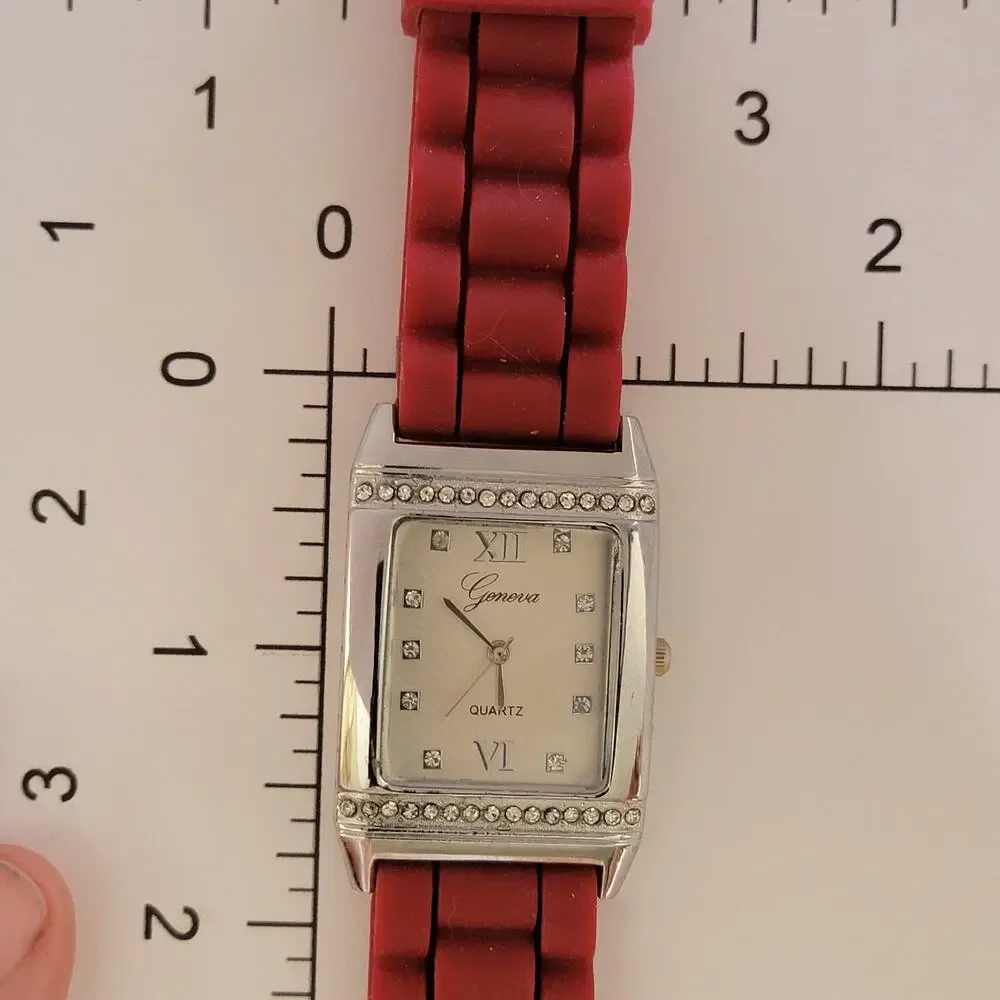 Geneva Womens Watch White Dial Silver Case Red Silicone Band Rectangle Quartz